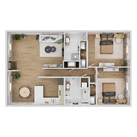 Floor plan for 2 beds, 1 bath, 984 sqft